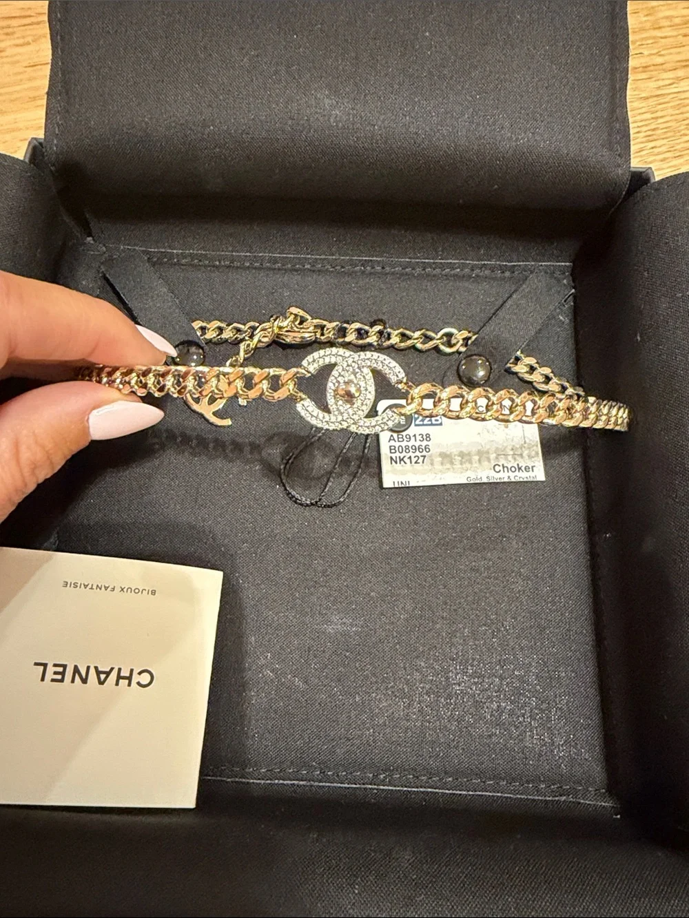 CHANEL Gold Crystal CC Chain Choker with Interwoven Leather